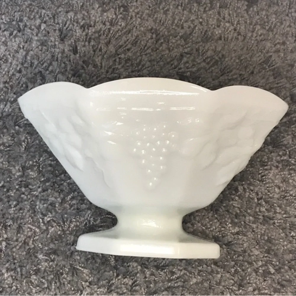 Vintage Anchor Hocking Milk Glass Footed Fruit Bowl - Grape Vine Design - 9”